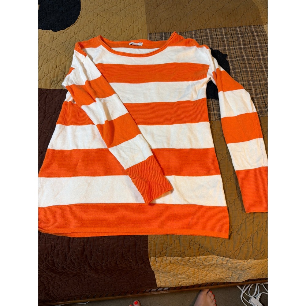 Katherine Barclay Orange White Striped Cotton Boat Neck Sweater Womens Medium